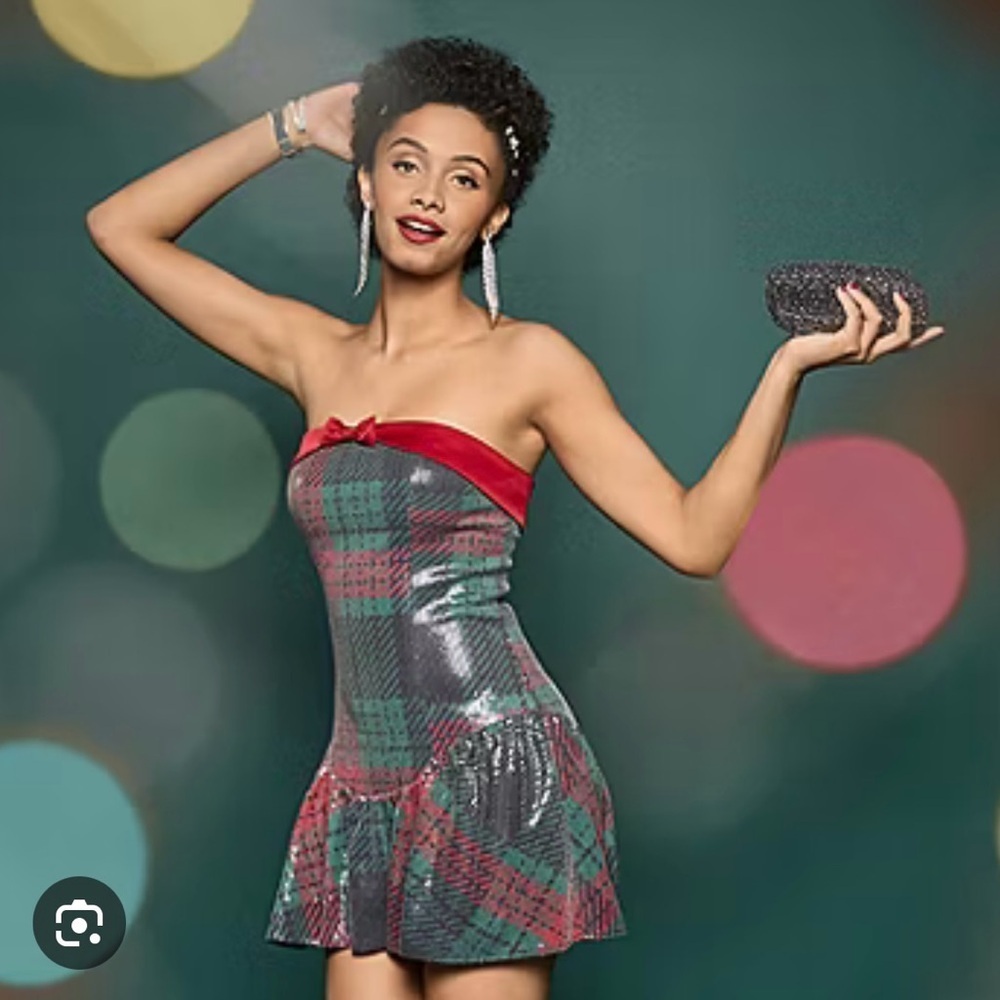 Plaid Strapless Mini Dress Sequins